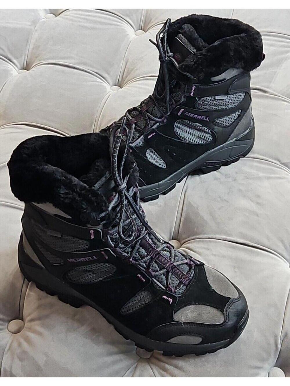 MERRELL Damson Black Leather Waterproof Fleece Insulated Boots Womens Shoes 9.5